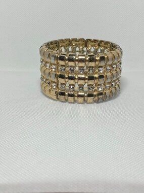 Natasha Elastic Stretch Cuff Bracelet 5 Row Gold Tone Clear Rhinestones Chunky